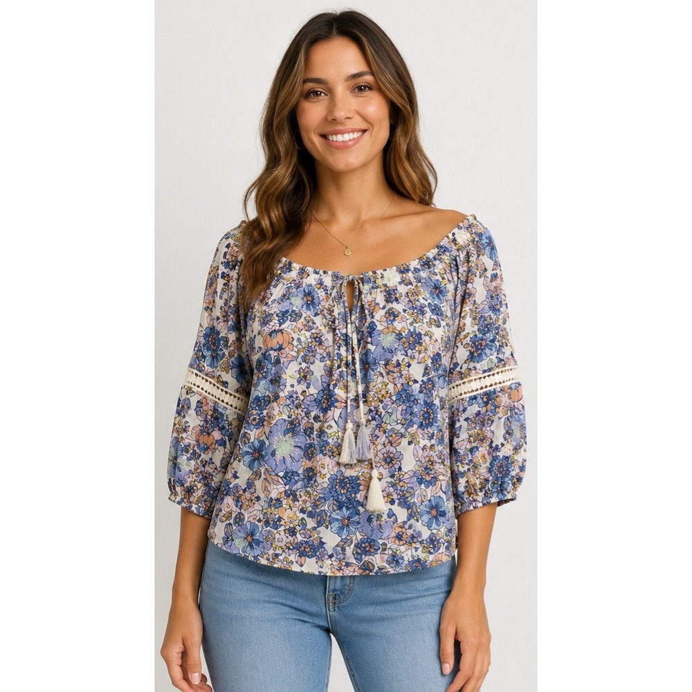 Lola P Womens Blue Floral Lace Inset Tassel Off Shoulder Peasant Blouse Top